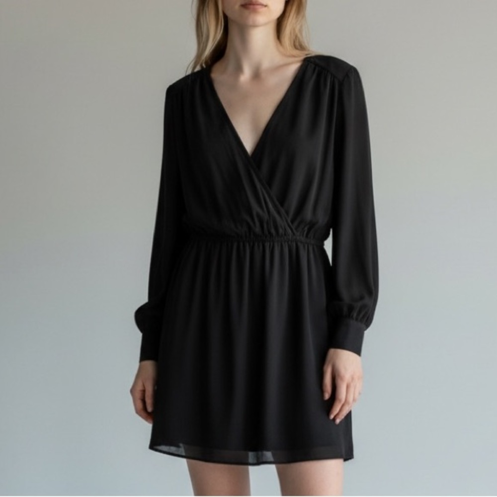 COINCIDENCE & CHANCE | Black Crossover Surplice Chiffon Mini Dress size Medium